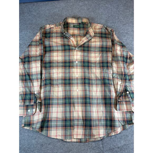 Orvis Shirt Mens 2XL Beige Green Plaid Flannel Button Up Long Sleeve Workwear - Picture 1 of 7